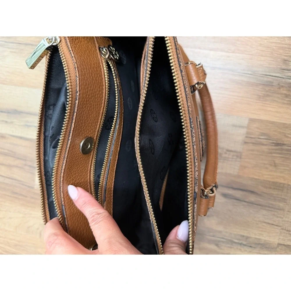 Tory Burch Brown Leather Satchel Crossbody Double Zip Logo Bag